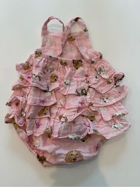 Angel Dear Pink Puppy Ruffle Romper 12-18m organic cotton w adjust. snap straps